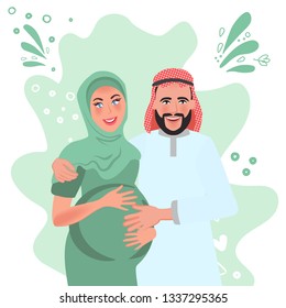 Happy Arab family in national dress. A pregnant Muslim woman is expecting a baby. Vector illustration of a happy family in Eastern traditions