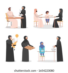 Happy arab family spend time together at home set. Muslim character in arabic clothes. Traditional family. Flat vector illustration