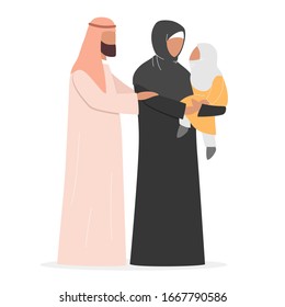 Happy arab family spend time together. Muslim family in arabic clothes hugging each other. Traditional family. Flat vector illustration