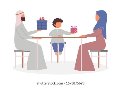 Happy arab family spend time together at home and giving gift to each other. Muslim family in arabic clothes celebrating a holiday. Traditional family. Flat vector illustration