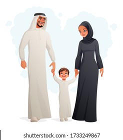 Happy Arab family in traditional clothing holding hands and walking. Cartoon vector illustration isolated on white background.