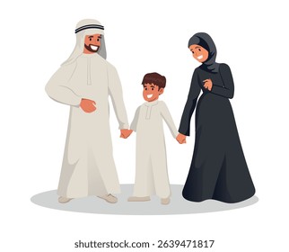 Happy Arab Family in Traditional Clothing, Holding Hands.
