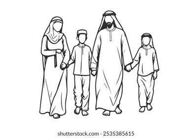 Família árabe feliz caminhando juntos Silhueta preta no fundo branco. Mãe e Pai Seguram seu Filhinho pelas Mãos. Ilustração do vetor da família árabe. Desenho Linear para Design na Moda