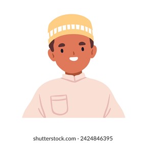 Retrato de niño árabe feliz. Niño musulmán sonriente con sombrero árabe. Niño musulmán alegre lindo, sombrero islámico, ropa religiosa tradicional, vestimenta. Ilustración vectorial plana aislada sobre fondo blanco