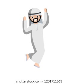 Happy Arab man jumping in white clothes. Middle East success and victory.
