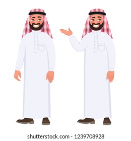 Happy Arab Man In National Clothes On White Background. Vector Illustration In Cartoon Style