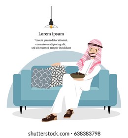 Happy Arab Man relaxing with dried fruit and  sitting on blue sofa. Relaxing Concept Vector/Illustration