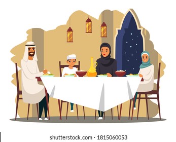 Happy Arab Muslim Family Eating Dinner At Table. Arabian Man And Woman In Hijab With Children At Home Sitting And Having Dinner Together Smiling. Family Love Concept Vector.