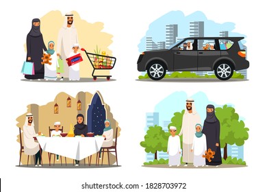 Happy arab muslim family illustration set. Arabian man and woman in hijab with children shopping in store, driving in car, at home having dinner, at park together smiling. Family love concept vector.