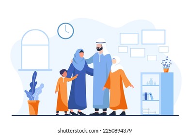 Happy Arab Muslim family leisure time in afternoon or weekend. Father, Mother, boy, and girl together at home living room. Loving Relation concept cartoon flat vector Illustration