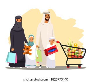 Happy arab muslim family shopping in store. Arabian man and woman in hijab with son and daughter together smiling. Father with cart with groceries, kids with presents. Family love concept vector.