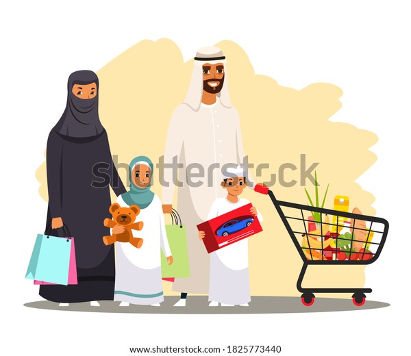 Happy arab muslim family shopping in store.\
Arabian man and woman in hijab with son and daughter together\
smiling. Father with cart with groceries, kids with presents.\
Family love concept\
vector.
