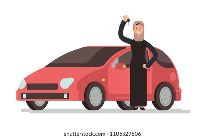 Happy Arab Muslim Saudi Woman Getting Driving License And Personal Car. Cartoon Vector Illustration. Arabian Girl Driver And Red Car