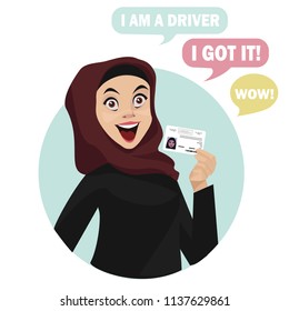Happy arab muslim saudi woman getting driving license. Cartoon vector illustration. Funny cartoon character. Vector illustration of a flat design