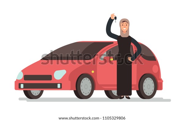 Happy arab muslim saudi woman getting driving license\
and personal car. Cartoon vector illustration. Arabian girl driver\
and red car