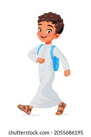 Happy Arab school boy walking with backpack. Cartoon vector illustration isolated on white background.