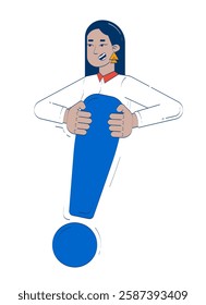 Happy arab woman holding exclamation mark 2D doodle character. Positive middle eastern female attracting attention cartoon person vector drawing isolated on white. Hand drawn illustration colorful