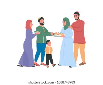 Happy Arabian Families Exchanging Food Flat Color Vector Faceless Characters. Celebrate Religious Holiday Together. Ramadan Isolated Cartoon Illustration For Web Graphic Design And Animation