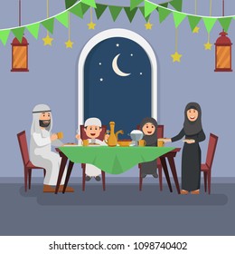 Happy Arabian Family Enjoying Iftar, Eating After Fasting Ramadhan, Flat Vector Illustration