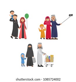 Happy Arabian Family, Father, Mother and Child Walking Together, Take Selfie and Shopping. Flat Vector Illustration