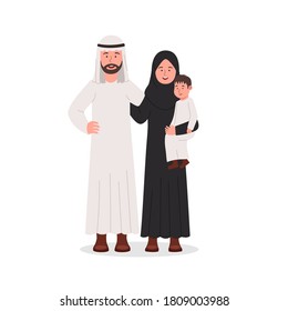 Happy Arabian Family Father, Mother and Son Together Flat Cartoon Illustration