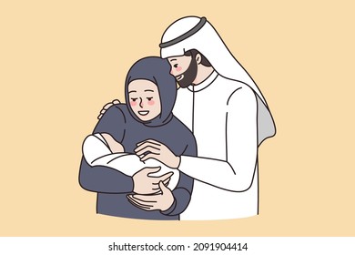 Happy Arabian family meet newborn baby. Smiling Muslim father and mother with little infant child. Arabic couple with small kid. Parenthood concept. Culture diversity. Flat vector illustration. 