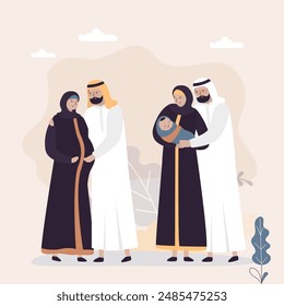 Happy arabian family. Pregnant muslim woman with husband. Arab love couple with newborn baby. Smiling parents holding sleeping infant baby in hands. People in traditional muslim clothes. flat vector