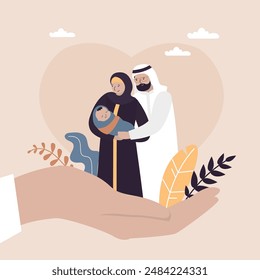 Happy arabian family standing on doctor hand. Arab love couple with newborn baby. Healthcare, childcare, husband and wife holding sleeping infant baby in hands. People in traditional muslim clothes.