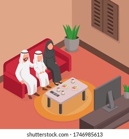 Happy Arabian Family Watching TV Together On Sofa, Isometric Illustration