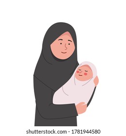 Happy Arabian Mother Hold Babyborn in Her Arms Cartoon Illustration