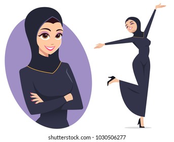 Happy Arabic Business Woman With Avatar.  Vector Character Design Isolated On White Background.