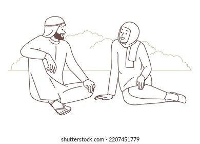 Happy Arabic couple sitting in park talking. Smiling arab man and woman have conversation outdoors. Vector illustration. 