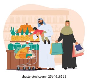 Happy arabic family characters wearing traditional clothes shopping at supermarket cartoon scene. Smiling parents carrying toddler kid and purchases bags buying fresh fruits vector illustration