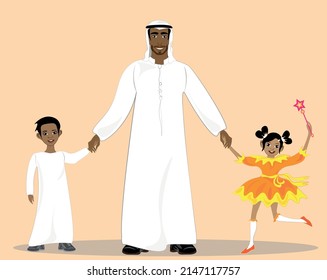 happy Arabic father with two kids. Happy father holds hands of his cheerful children, daughter and son. Father took his children to an amusement park.