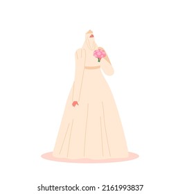 Happy Arabic Female Character Marriage, Bridal Process, Life Moment. Beautiful Muslim Bride in Traditional Dress or Hijab Hold Bouquet Isolated on White Background. Cartoon People Vector Illustration