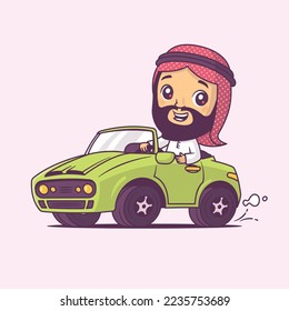 Happy Arabic man driving green sports car vector cartoon illustration in chibi style