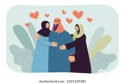 Happy Arabic man with two wives vector illustration. Cartoon drawing of Muslim women hugging husband, person with two spouses. Polygamy, custom, love, romance, family concept