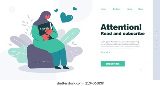 Happy Arabic woman hugging Quran. Muslim female character sitting and holding religious book flat vector illustration. Religion, Ramadan, Islam concept for banner, website design or landing web page