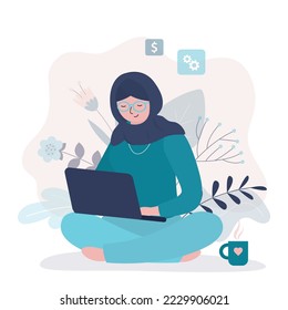 Happy arabic woman working on laptop. Remote work process, freelance, free schedule. Work outside the office. Businesswoman in hijab uses laptop. Student learning distant. Flat vector illustration