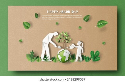 Happy Arbor Day, father and daughter help water a tree that emerging from the earth, save the planet , paper illustration, and 3d paper.