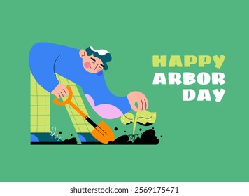 Happy Arbor Day illustration featuring a person planting a seedling with care. Ideal for celebrating tree-planting activities and promoting environmental conservation