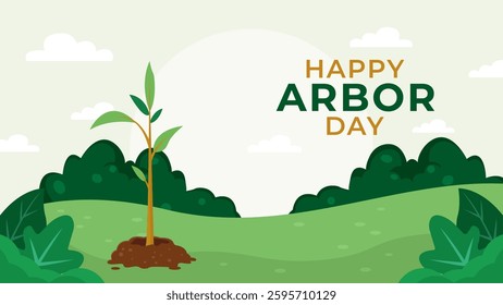 Happy Arbor Day Illustration Featuring a Sapling and Greenery in Nature