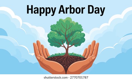 happy arbor day illustration hands holding tree eco environment growth sustainability nature vector design