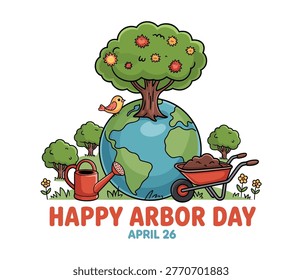 happy arbor day illustration tree on globe with gardening tools watering can and wheelbarrow nature eco celebration vector design