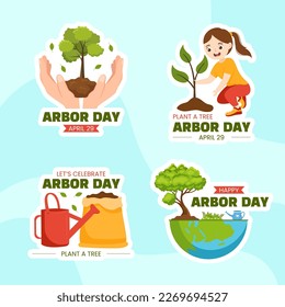 Happy Arbor Day Label Flat Cartoon Hand Drawn Templates Background Illustration