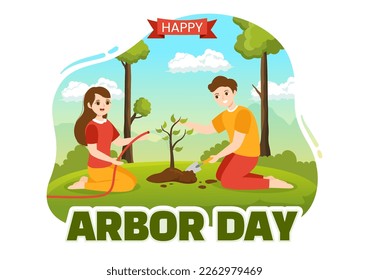 Happy Arbor Day on April 28 Illustration with Green Tree, Garden Tools and Nature Environment in Flat Cartoon Hand Drawn for Landing Page Templates