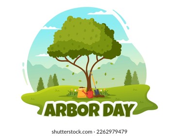 Happy Arbor Day on April 28 Illustration with Green Tree, Garden Tools and Nature Environment in Flat Cartoon Hand Drawn for Landing Page Templates