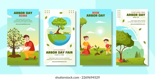 Happy Arbor Day Social Media Stories Cartoon Hand Drawn Templates Background Illustration