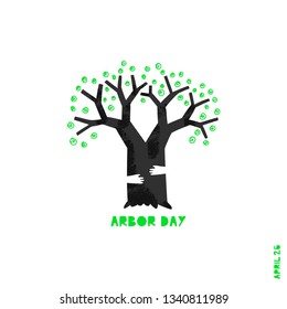 Happy arbor day vector illustration. Tree with leaves and hugging cartoon isolated clipart. Environment protection, care. International spring holiday postcard design element. Save planet Earth