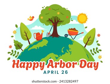 Happy Arbor Day Vector Illustration with Planting a Tree, Plant, Garden Tools and Nature Environment in Flat Kids Cartoon Background